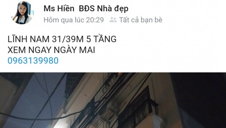 NHÀ ĐẸP MẶT NGÕ LĨNH NAM 35M 5 Tầng Ô tô tránh Cổng sát Mặt Phố. Chỉ 3tỷ 980 triệu